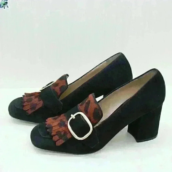 M. Gemi Lettura Women’s Black Suede Fringe Loafer Block Heel Buckle Size EU 37 - Picture 1 of 11